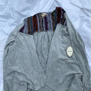 Gray cardigan sweater with embroidery on top